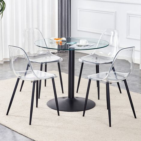 Conjunto de comedor redondo de vidrio templado 85 cm con 4 sillas transparentes (1/5)