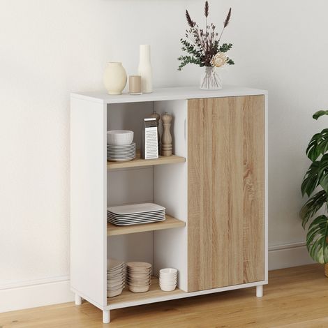 Aparador EASY 70 cm - montaje fácil sin herramientas - 3 estantes y 1 puerta corredera reversible - blanco y madera