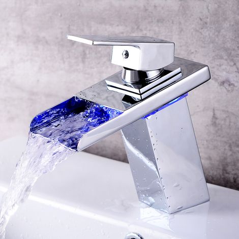 Messing Wasserhahn Armatur Bad RGB Wasserfall Waschbecken mit LED Beleuchtung (1/4)