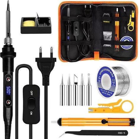 Fer à Souder Set,80W Température Réglable 180 500°C Electronique de Precision avec Interrupteur, 5 Conseils de soudage,Station de Soudage, Pincettes,Barre de Soudure pour la Maintenance Electrique (1/5)
