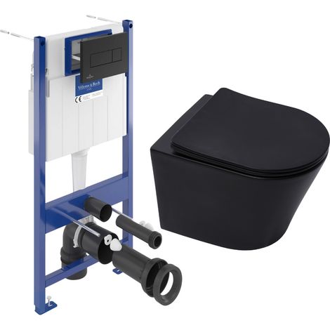 Pack WC und Vorwandelement Villeroy & Boch + WC SAT Infinitio ohne Flansch + SoftClose Sitz + Schwarze Platte (VCNBLINFI4)