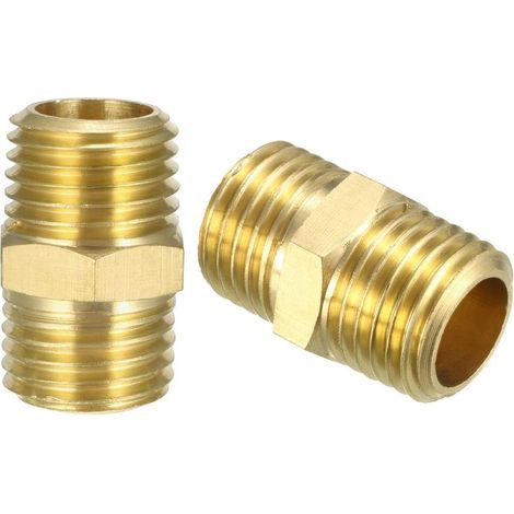 sourcing map Brass Hose Fitting, Hex Nipple, 1/4" NPT x 1/4" NPT Male Hose 2pcs (1/3)
