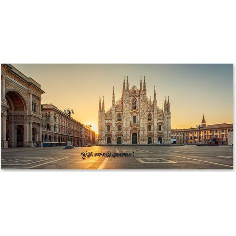 Lupia - Quadro moderno su Tela Canvas DEEP 65X143 cm, con paesaggi e localismi italiani, per casa, soggiorno, capezzale camera da letto, hotel, ufficio, MILANO - PIAZZA DEL DUOMO ALBA (1/4)