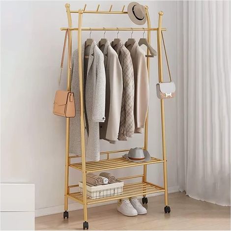 Kleiderständer aus Metall, Garderobenständer mit unterem Ablagefach aus Drahtgeflecht zum Aufhängen von Kleidung, Mänteln und Röcken, Schlafzimmer, Gold, 80 x 40 x 170 cm