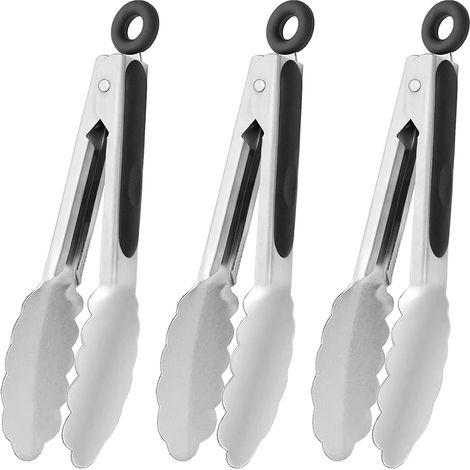 Mini pinces de cuisine en acier inoxydable, pinces de service de 18 cm, petite pince de cuisson, lot de 3 (argenté) (1/5)