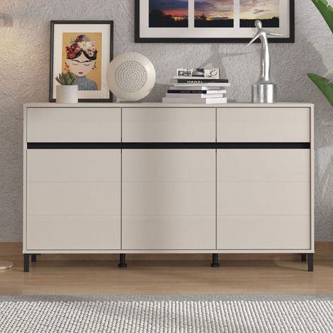 Anrichte Giarre, Kommode mit 3 Schubladen, 3 Regalen, Klapp- und Schiebetüren, 157x40x90h cm Cremeweiß (1/5)