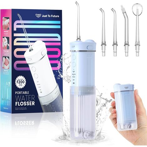 Irrigador bucal mini JTF – Limpiador dental eléctrico portátil – Inalámbrico – Limpiador interdental de viaje con 5 accesorios – Irrigador bucal con 4 ajustes – Depósito de agua retráctil de 230 ml –  (1/5)