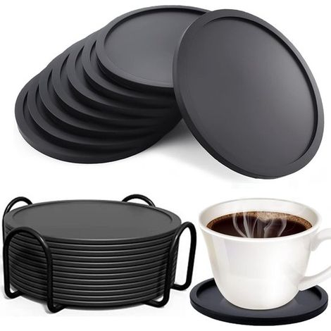 12 teiliges Set Untersetzer mit Halter Grau Silikonuntersetzer 10 x 0,3 cm Rund Rutschfest Hitzebeständig Für Getränke, Bar, Tassen und Tische Er (1/5)