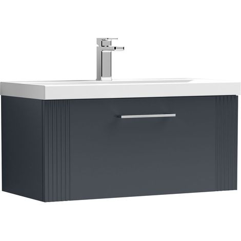 Belvide Partial Fluted 1 Drawer Wall Hung Vanity Unit with 1 Tap Hole Thin-Edge Basin- 800mm - Satin Soft Black