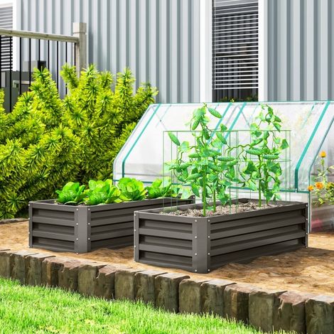 Bac potager en métal 2 pièces, fond ouvert, 110 x 50 x 30 cm, acier, gris foncé, REDOM (1/5)