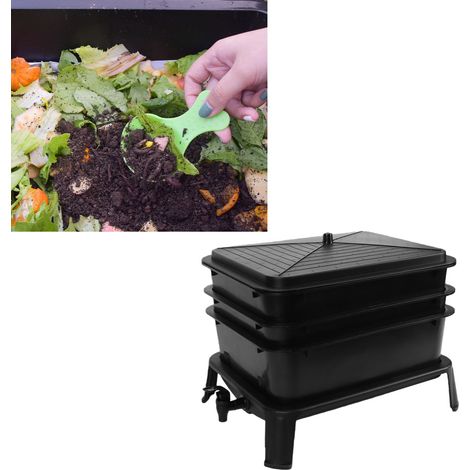 Lombricomposteur 3 bacs noir – Grand volume, aérations intégrées, robinet de récupération, montage sans outil, pour déchets de cuisine et jardinage (1/5)
