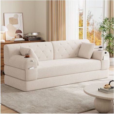 Canapé Convertible 208x80x81cm Velours Côtelé Beige Sans Montage - Canapé-Lit - 3 Places avec Porte-gobelets et Poches Latérales (1/5)