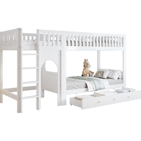 Lit superposé pour enfant, échelle droite à quatre marches, garde-corps sur quatre côtés, petit espace personnalisable, pin + MDF + contreplaqué, blanc, 90x200cm
