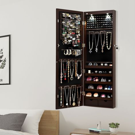 Armoire à Bijoux avec LED Dedans Crochets Miroir et Tiroirs pour Maquillage Quotidien et Bijoux 37 x 9,5 x108 cm Brun (1/2)