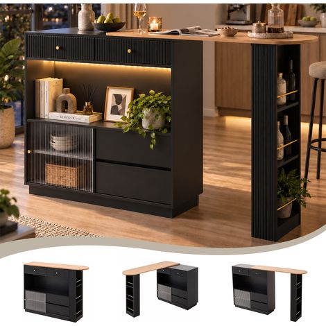 Table à bar extensible avec espace de rangement ,Moderner Table bar mobile, Table debout, Table bistrot ,Table haute , Table bistrot,Grand espace de rangement,Avec bande LED colorée, rotation à 360°, (1/5)