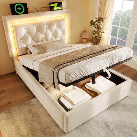 Cama Baúl 90x200 Cm Canapé Elevable Tela Terciopelo Beige (1/5)
