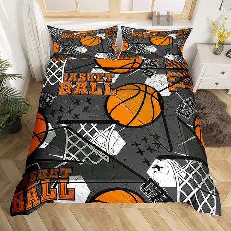 Basketball Housse de Couette 3D Ball Pattern Parure de Lit 240x260cm Sports Parure Housse de Couette pour Garçons Filles Ados Chambre Décor Joueur de Basket Orange Noir avec 2 taies d'oreiller - 240x2 (1/5)