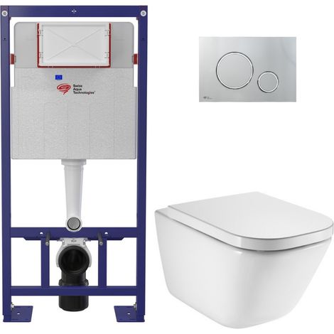 Pack WC bâti-support autoportant + WC suspendu sans bride avec abattant SoftClose + plaque chrome (STROGAWR05-U)