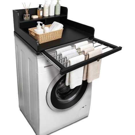 Plan de travail pour machine à laver avec porte-serviettes extensible, en bois, avec étagère à 2 niveaux, imperméable et avec protection des bords, pour machine à laver et sèche-linge, 61 x 64 x 31 cm (1/5)