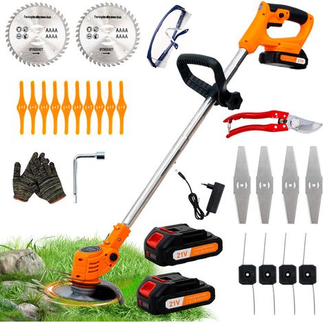 OUTIGO Akku- und kabelloser Rasentrimmer mit Batterie, 3 Messertypen, 2 x 21 V Batterien, teleskopisch und verstellbar, ideal für Garten und Terrasse.