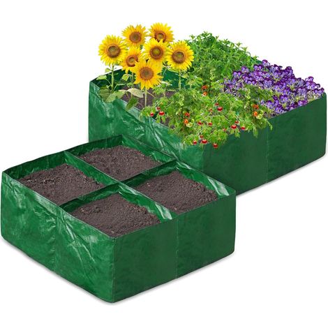 Lot de 2 sacs de culture PE 4 compartiments vert foncé 60x60x25cm, pots modulables pour légumes fleurs et semis
