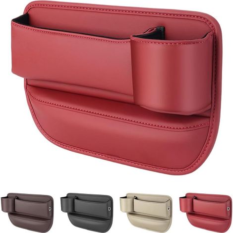Organizer in pelle per auto, da posizionare nello spazio tra gli sedili del passeggero – Con portabicchieri, vano portaoggetti per occhiali, telefono, chiavi e carte – Rosso (1/4)