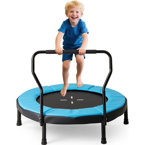 Trampoline enfant bleu 101 cm avec tapis de saut en PP, bord rembourré et barre d'appui en mousse pour intérieur et extérieur (1/5)
