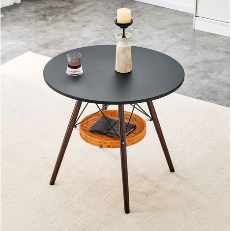 Tavolo da pranzo rotondo, cestino portaoggetti sospeso, gambe in legno massello e piano in MDF, noce e nero (1/5)