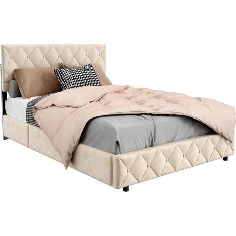 Cama tapizada 140x200 cm de terciopelo beige con somier de láminas de madera, estructura de MDF y metal, diseño para dormitorio contemporáneo – CHICFURN (1/5)