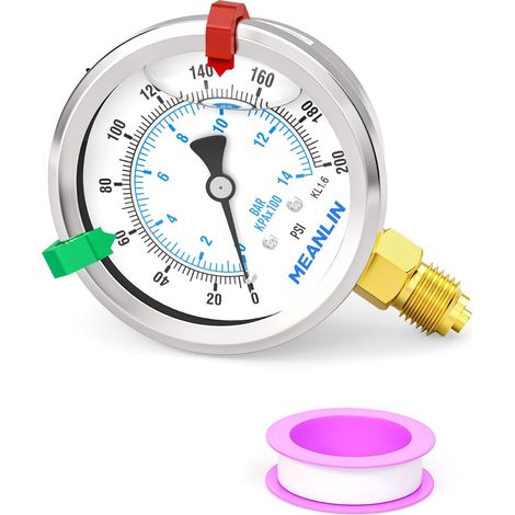 0200PSI Pressure Gauge 2.5" BSP 2.5" Face Dial, Stainless Steel Liquid Filled Pressure Gauge, Bottom Mount, WOG Water, Oil, Air (with 2 Snaps) (1/5)