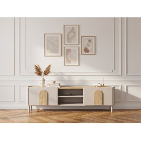 BOBOCHIC - Meuble TV 1 porte 1 tiroir 170 cm ENYRA pieds en bois massif   Beige