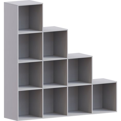 Durham 10 Cube Bookcase Staircase Shelf Wooden Display Storage Rack Free Standing Shelf Unit, Grey-5-Grey-Baskets