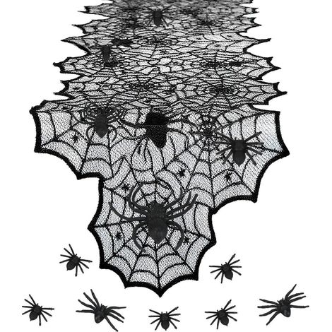 Chemin de table toile d'araignée 180x45cm Noir avec araignées, Déco Halloween dentelle tissu