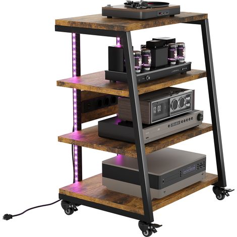 HiFi Rack aus Holz und Stahl, TV Rack mit verstellbaren Ablagen, Audio Schrank für DVD, Stereoanlagen Spielkonsolen, HiFi Regal mit Steckdosenleiste und RGB LED Stripe, Verstellbares Rad, 60x52x78cm