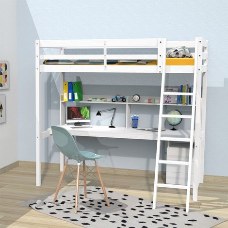 Le Quai Des Affaires – Lit mezzanine 90x190 cm avec bureau et caisson 3 tiroirs – Structure en pin massif – Hauteur de passage 150.5 cm – Finition blanche (1/3)