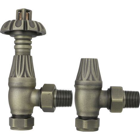 Traditional Thermostatic TRV Antique Design Angled Radiator Rad Valves Pair Antique Brass