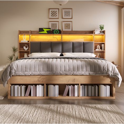 CHICFURN Letto matrimoniale 160x200 cm in legno rovere, LED, contenitore, senza materasso (1/5)