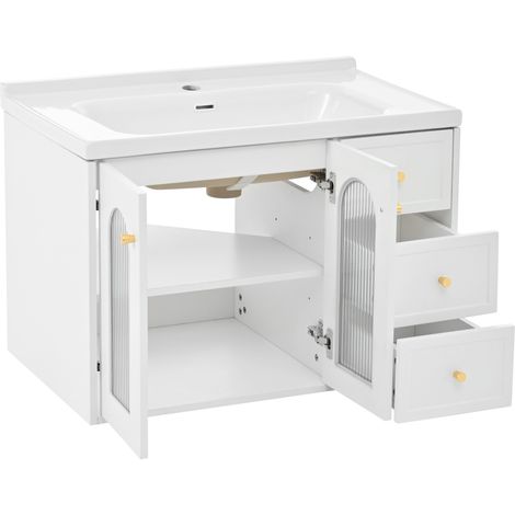 [Avec vasque en céramique] Meuble de salle de bain suspendu multifonction 80 cm, panneau MDF, grande capacité de rangement: 2 tiroirs + meuble avec porte vitrée (semi-transparente, avec étagères régla