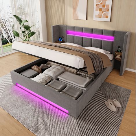 DESVIAE Lit coffre en velours avec tête de lit large USB LED rangements latéraux rétro 160 x 200 cm gris foncé (1/5)