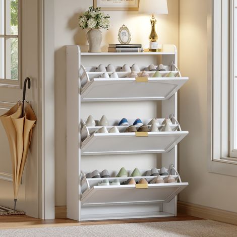 Meuble à chaussures étroit 76x23x118 cm blanc. 3 rabats, coffre de rangement pour couloir ou salon, pratique et fonctionnel (1/5)
