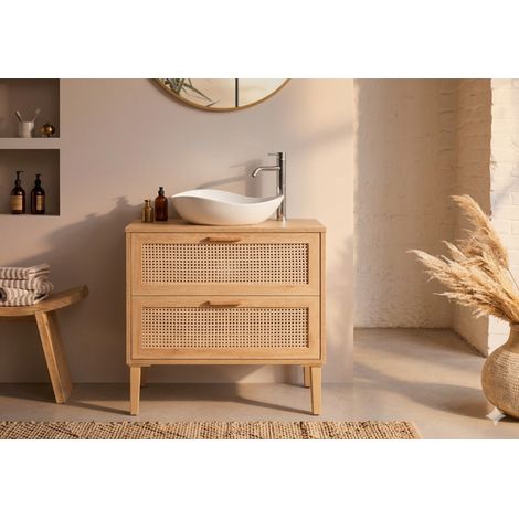 Sanitaire – Meuble bas de salle de bain 80 cm en chêne clair et cannage – 2 tiroirs spacieux – Design bohème-chic pour salle de bains moderne