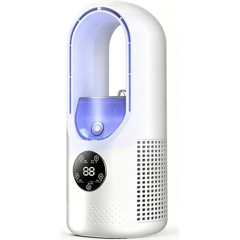 Mini climatiseur portable sans pales, 6 vitesses, minuterie 6h, rechargeable USB, pour chambre et bureau (blanc et bleu) (1/5)
