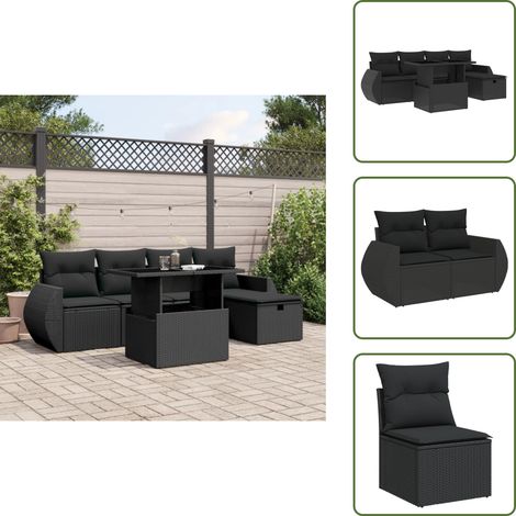 Salon de jardin 6 pcs avec coussins noir résine tressée - Ensemble Salon De Jardin - Mobilier De Jardin - Table Extensible - Chaise Lounge - Set De Jardin (1/5)