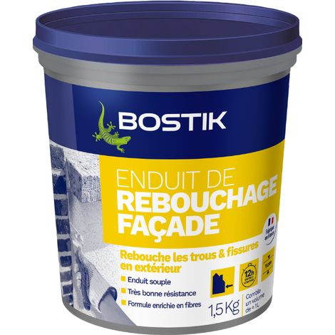 Bostik Enduit de Rebouchage Façade en Pâte – Prêt à l’Emploi – Intérieur/Extérieur – Tous Supports – Rebouchage et Égalisation de Trous et Fissures Jusqu’à 1 cm – Blanc – Pot 1,5 kg