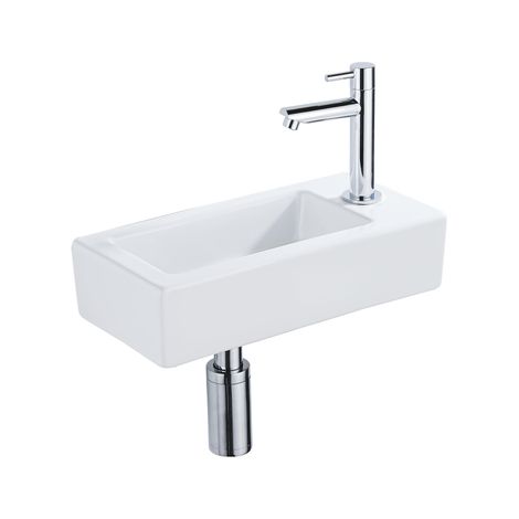 FugaFlow Efficiente Pietra Ensemble fontaine - 37,5x18,5x9cm - céramique - trou de robinet à droite - robinet de fontaine chrome - bouchon de vidange (1/5)