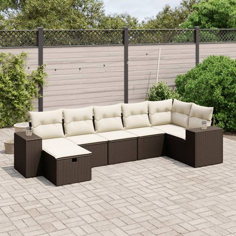 Canapé de Jardin en Résine Tressée Marron 7pcs avec Coussins Blanc Crème - Ensemble Modulaire Salon Extérieur (1/4)