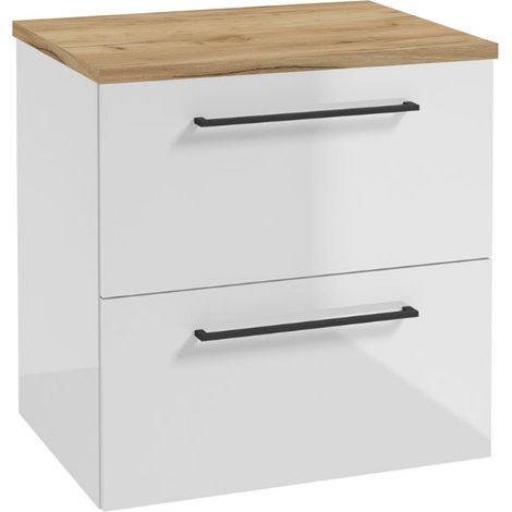 Waschtischunterschrank – Hochglanzweiß – 60 x 41 cm – Goldene Eiche – Unterschrank