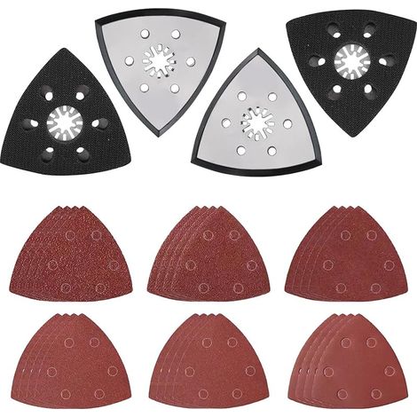 Ensemble de 4 Disques de Ponçage Triangulaires de 93 mm, Plateau de Ponçage Fin, Plateau de Ponçage Multi-Outils avec 24 papiers Ponceuse de Verre Triangulaires pour Poncer et Polir (1/5)