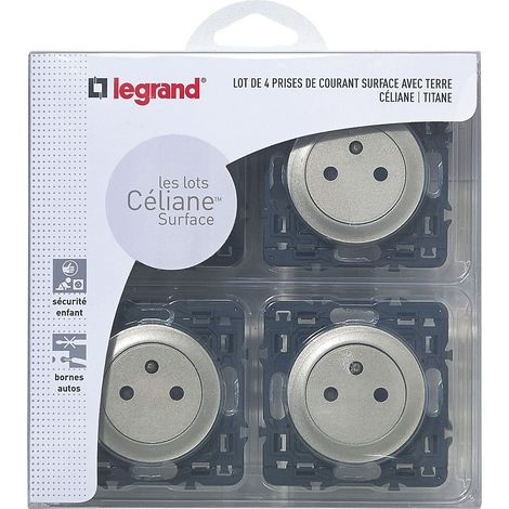 Legrand – Prise de courant complète 2P+T – Enjoliveurs Titanium – Installation rapide avec bornes automatiques – Pour intérieur moderne