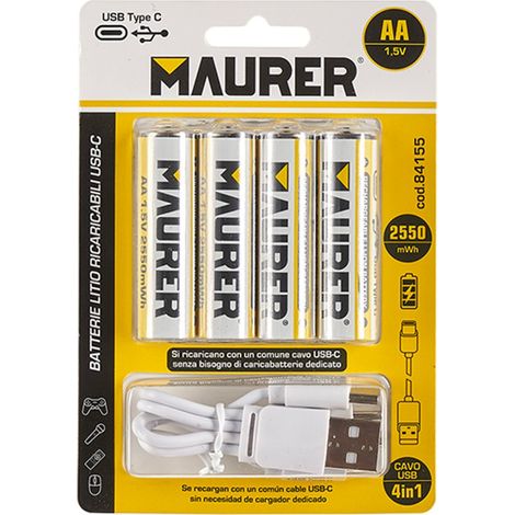 BATTERIE MAURER RICARICABILI USB STILO """2550MWH""" (BL.4PZ.)
